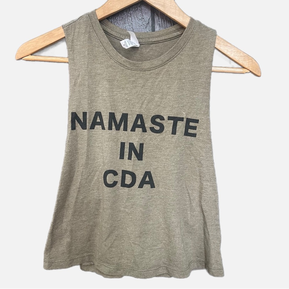 NAMASTE IN CDA Olive Green Sleeveless Graphic Tank Top